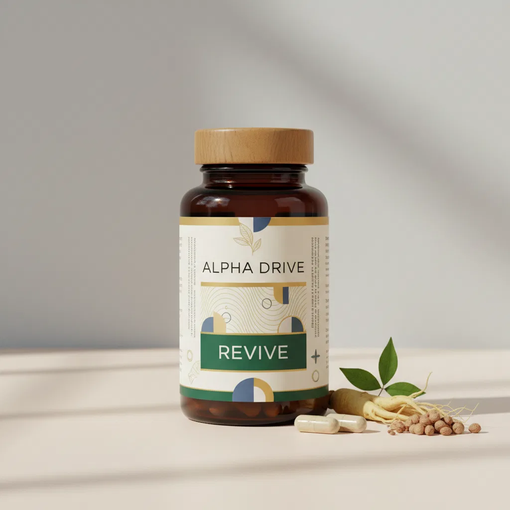 Alpha Drive food supplement pot, witte verpakking met blauwe hexagonale accenten